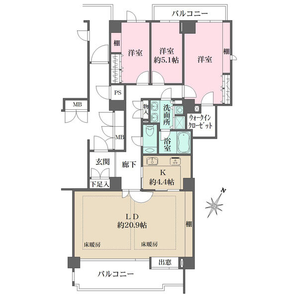 通風良好な2面バルコニー付き。ウォークインクローゼットや棚など、収納豊富で住空間を有効活用できます。