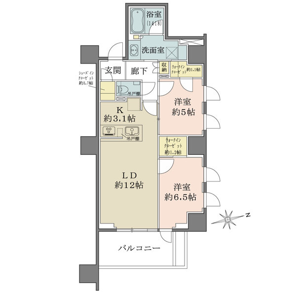 北・東角部屋の開放感と、ゆとりあるLDKが魅力の2LDKの間取り。
