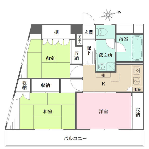 南東向きバルコニーが2室に跨り、陽当り・通風良好。キッチンと洋室は一体利用可能。全居室収納付きです。