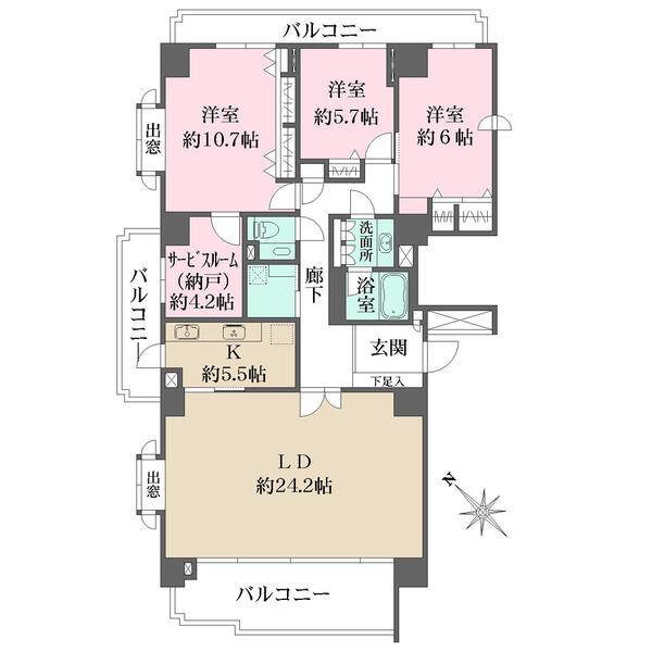 LD約24.2帖や洋室約10.7帖など、ゆとりある住まいです。納戸あり。陽当り・通風・眺望良好です。