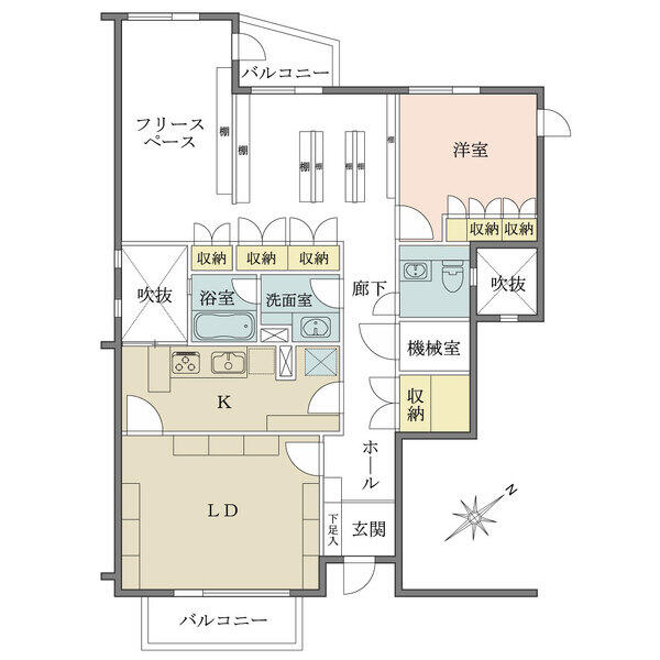 広々としたフリースペースと豊富な収納付きのゆとりある住まい。バルコニーが2カ所にあり、通風良好です。