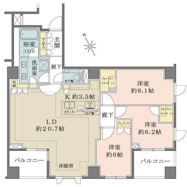 LDK約20.7帖、全居室6帖超のゆとりある住まい。2箇所のウォークインクローゼットなど、収納豊富。
