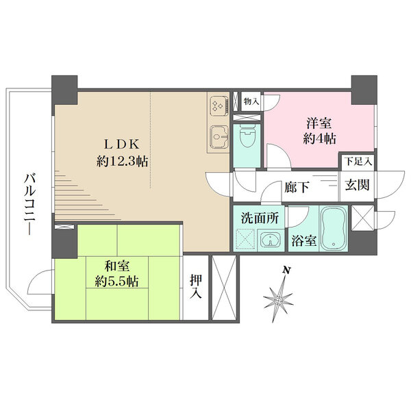 開口が広く採光に恵まれた住まいです。LDKと和室に跨るバルコニー付き。多彩に活用できる和室有。