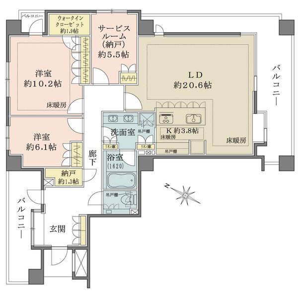 LDKは約24.4帖×ワイドスパンで開放的な住空間。LDKと洋室約10.2帖に床暖房、納戸2箇所有。