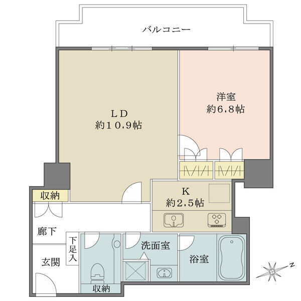 3階部分の西向き住戸。LD・洋室ともにバルコニーに面し陽当り良好。洋室の他、廊下にも収納有り。