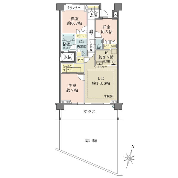 専用庭付き、陽当り良好な南向き住戸。ウォークインクローゼットや納戸など、収納豊富な間取りです。