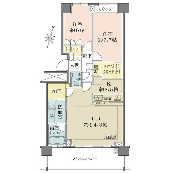 玄関先から居住空間が見えない設計です。LD部分に床暖房あり。浴室は1418サイズ、窓付きです。