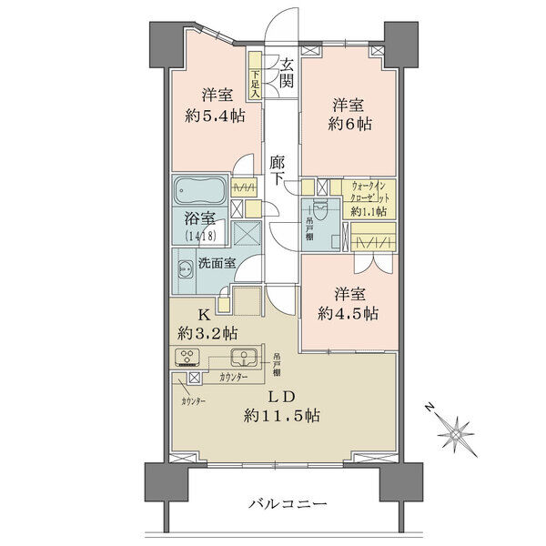 13階部分の南西向き住戸。キッチンは対面式。ウォークインクローゼットなど、収納豊富な間取りです。