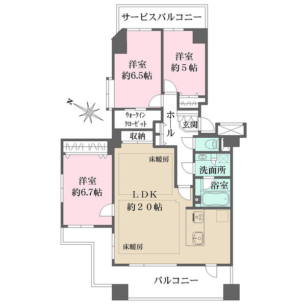 開口部が多く換気がスムーズに行えそうです。LD部分の2面に床暖房有り。随所に収納が設けられています。