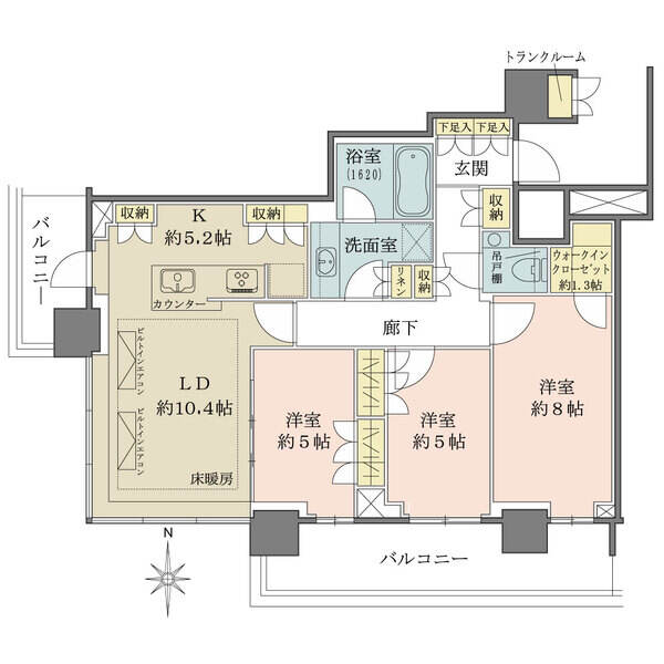 全居室に開口部のある明るい3LDK、収納豊富な間取り