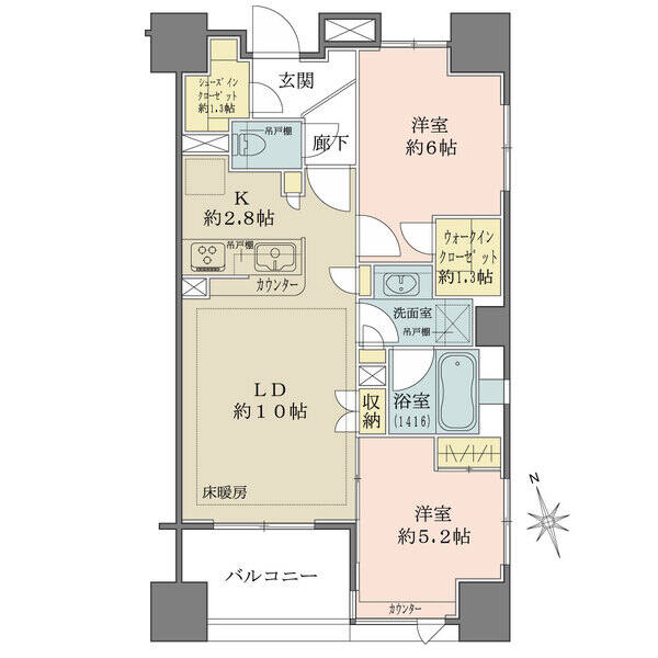 陽当たり・通風良好な南東角住戸。アウトフレーム工法が採用されており室内は広々。収納も充実しています。