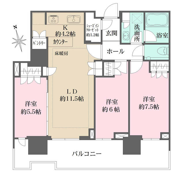 17階部分・南向きのお部屋。全居室バルコニーに面した開放感のあるお部屋。