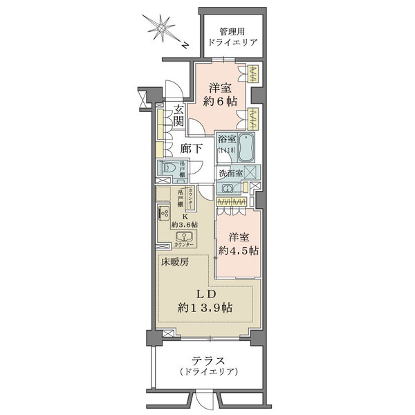 2750mmの天井高とテラスの開放感が特徴のお部屋です。