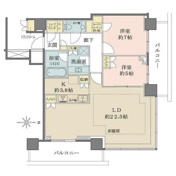 41階部分、2面バルコニー付きの角住戸。ウォークイン＆シューズインクローゼットなど収納豊富です。