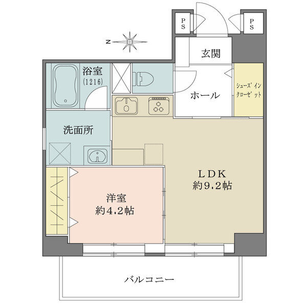 LDと洋室がバルコニーに面した間取り。洗面室にも窓が有り通風良好です。シューズインクローゼット有り。