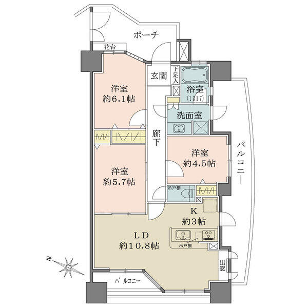 陽当り＆通風良好な南西・南東角住戸。キッチン・洗面室に勝手口があり、バルコニーへ出入りが可能です。