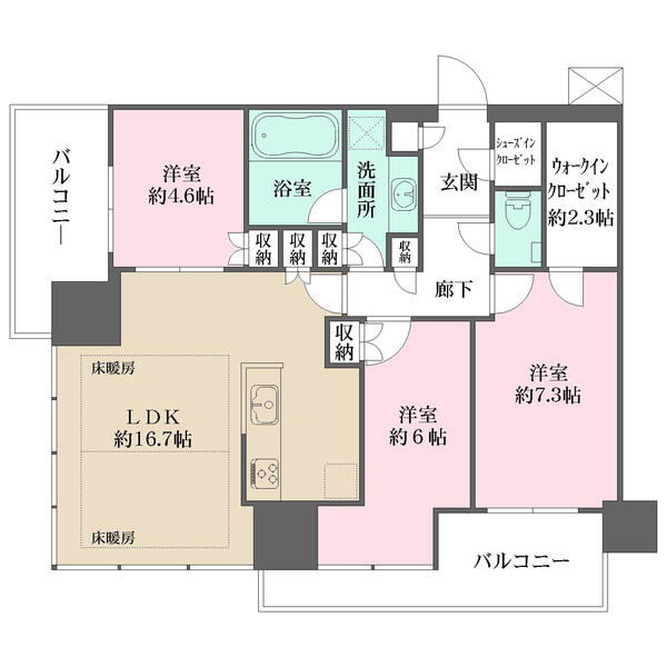 LDKは2面採光につき明るく開放的。浴室は1620サイズ。ウォークインクローゼットなど各所に収納有。