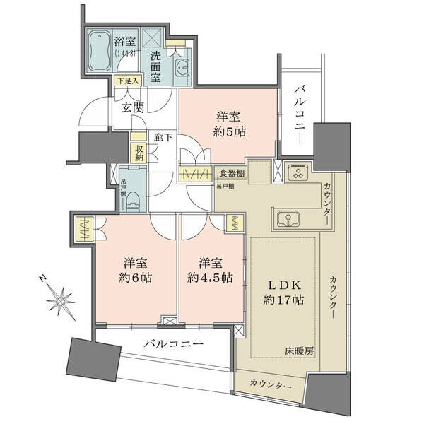 南東・南西角住戸。リビングダイニングは陽当たり良好でございます。