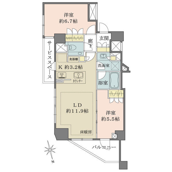 陽当たり・通風・眺望良好な6階角住戸。各居室に窓有。水回りが集約されており、家事を効率的に行えます。