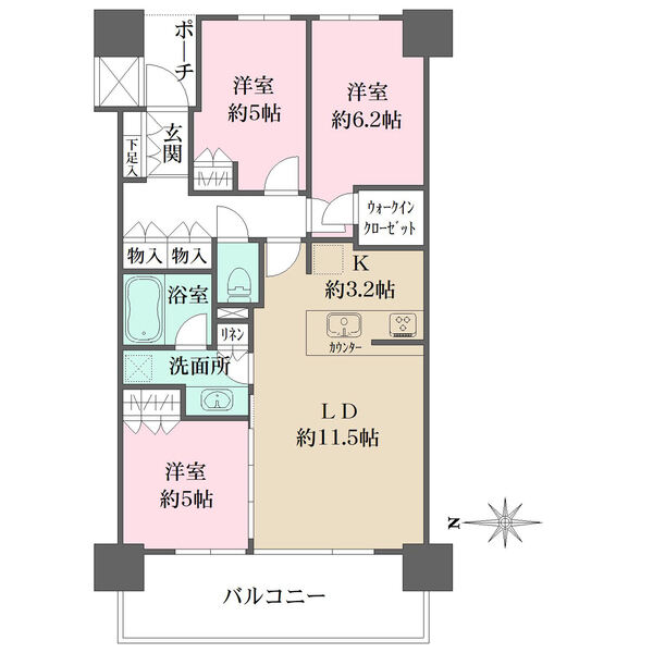 開放的なリバービュー住戸。全居室に窓があり通風良好。水回りが集約され、生活動線に優れた間取りです。