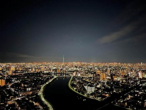 東京スカイツリーを望む眺望(天候による)。昼夜で異なる景色が広がり、煌びやかな夜景に心癒されます。