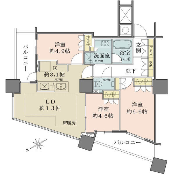 開放的な2面バルコニー付き角住戸。LDに床暖房有り。玄関先から室内が見えにくいクランクイン設計です。