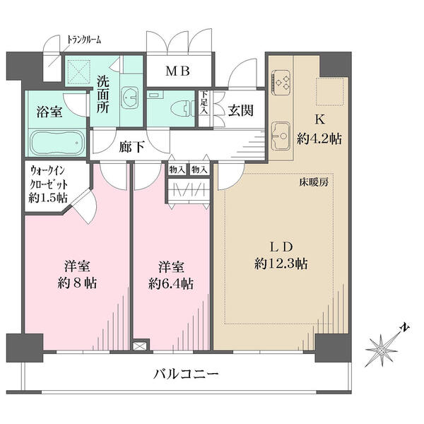 南東向きのワイドスパンバルコニーに全居室が面する、開放的な間取りです。ウォークインクローゼット有り。