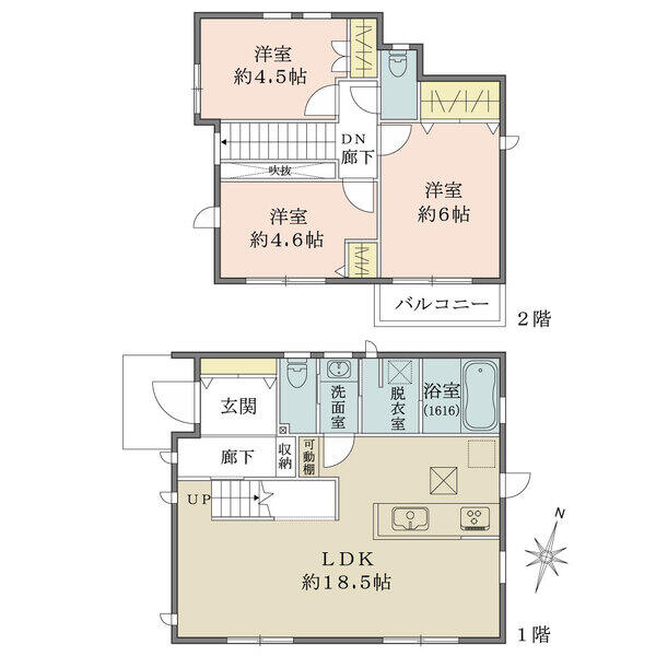 南向きのLDKはゆとりある約18.5帖。洗面室と脱衣室が分かれた、プライバシーに配慮された設計です。