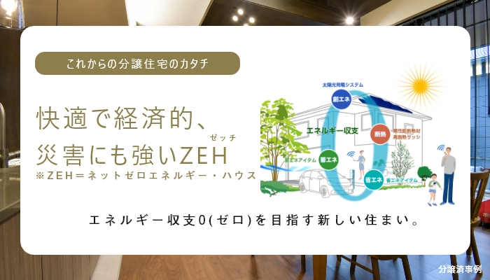 これからの分譲住宅のカタチ 快適で経済的、災害にも強いZEH（ゼッチ） ※ZEH＝ネットゼロエネルギー・ハウス エネルギー収支0（ゼロ）を目指す新しい住まい。