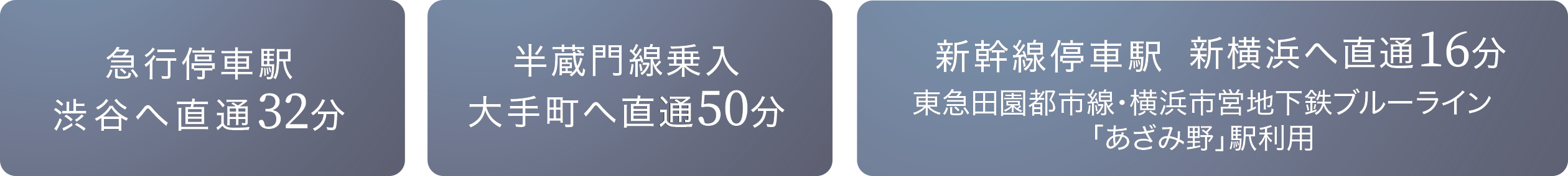 急行停車駅 渋谷へ直通32分、半蔵門線乗入 大手町へ直通50分、新幹線停車駅 新横浜へ直通16分 東急田園都市線・横浜市営地下鉄ブルーラインあざみ野駅利用