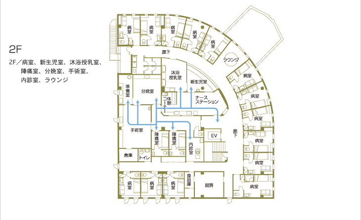 2F/病室、新生児室、沐浴授乳室、陣痛室、分娩室、手術室、内診室、ラウンジ