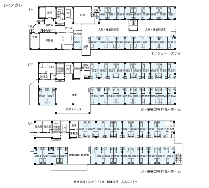 レイアウト 1F/ショートステイ、2F/住宅型有料老人ホーム、3F/住宅型有料老人ホーム 敷地面積:2,049.75m2/延床面積:2,227.75m2