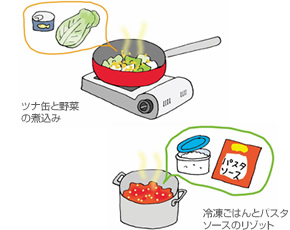 ツナ缶と野菜の煮込み／冷凍ごはんとパスタソースのリゾット