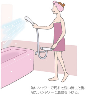 熱いシャワーで汚れを洗い流した後、冷たいシャワーで温度を下げる。