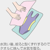 水洗い後、絞ると型くずれするのでタオルに挟んで水気を取る。