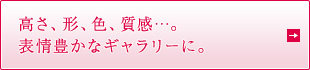 高さ、形、色、質感…。表情豊かなギャラリーに。