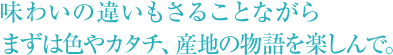 味わいの違いもさることながらまずは色やカタチ、産地の物語を楽しんで。