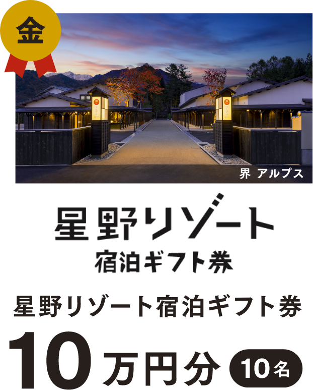 【金】星野リゾート 宿泊ギフト券　10万円分（10名）
