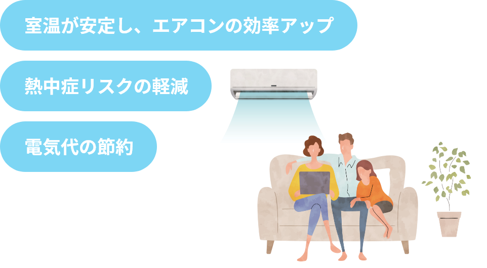 室温が安定し、エアコンの効率アップ 熱中症リスクの軽減 電気代の節約