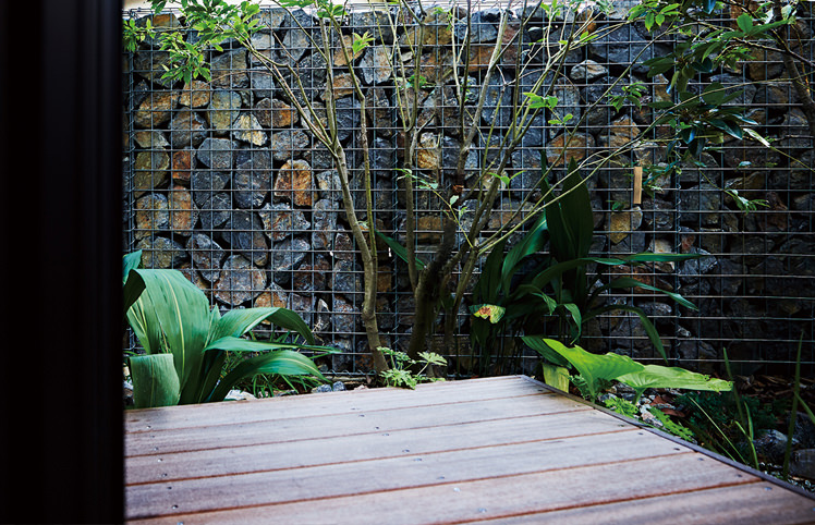 中庭と外を隔てるじゃかごが、里山風の植栽の風情を引き立てて
