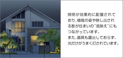 照明が効果的に配置されており、植栽の姿や映し出される影が住まいの“見映え”にもつながっています。また、器具も露出しておらず、光だけがうまく灯されています。