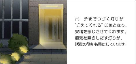 ポーチまでつづく灯りが“迎えてくれる”印象となり、安堵を感じさせてくれます。植栽を照らしだす灯りが、誘導の役割も果たしています。