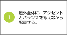 1.屋外全体に、アクセントとバランスを考えながら配置する。