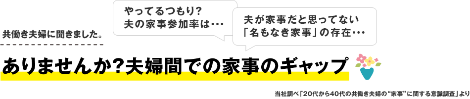 やってるつもり？夫の家事参加率は・・・夫が家事だと思ってない「名もなき家事」の存在・・・共働き夫婦に聞きました。ありませんか？夫婦間での家事のギャップ 当社調べ「20代から40代の共働き夫婦の“家事”に対する意識調査」より