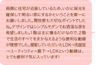 南側に住宅が近接しているため、いかに採光を確保して明るい家にするかということを第一にお願いしました。開放感も大切なポイントでしたね。デザインではシンプルモダンでお洒落な家を希望しました。１階は主に寝るだけなので、２階で生活のすべてをまかなえるような便利な動線が理想でした。提案していただいたLDK→洗面室→ユーティリティ→廊下→LDKという動線は、とても便利で気に入っています！