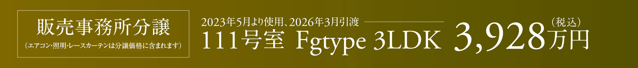 販売事務所分譲（エアコン・照明・レースカーテン） 111号室（Fg 3LDK）3,928万円：2023年5月より使用、2026年3月引渡