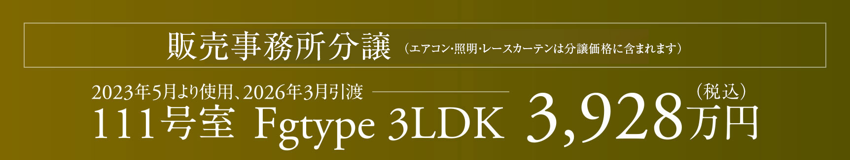 販売事務所分譲（エアコン・照明・レースカーテン） 111号室（Fg 3LDK）3,928万円：2023年5月より使用、2026年3月引渡