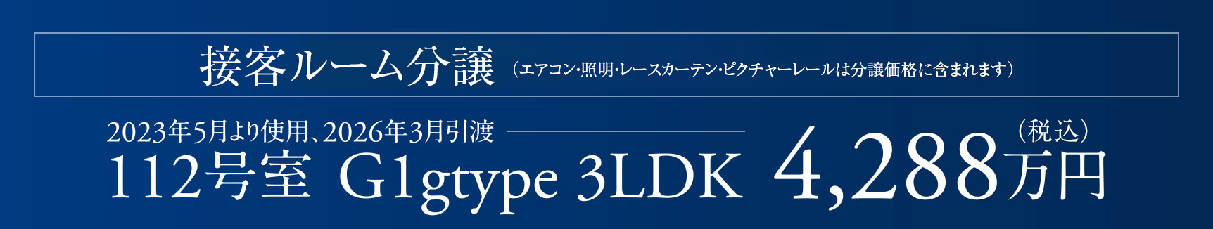 接客ルーム分譲（エアコン・照明・レースカーテン・ピクチャーレール） 112号室（G1g 3LDK）4,288万円：2023年5月より使用、2026年3月引渡