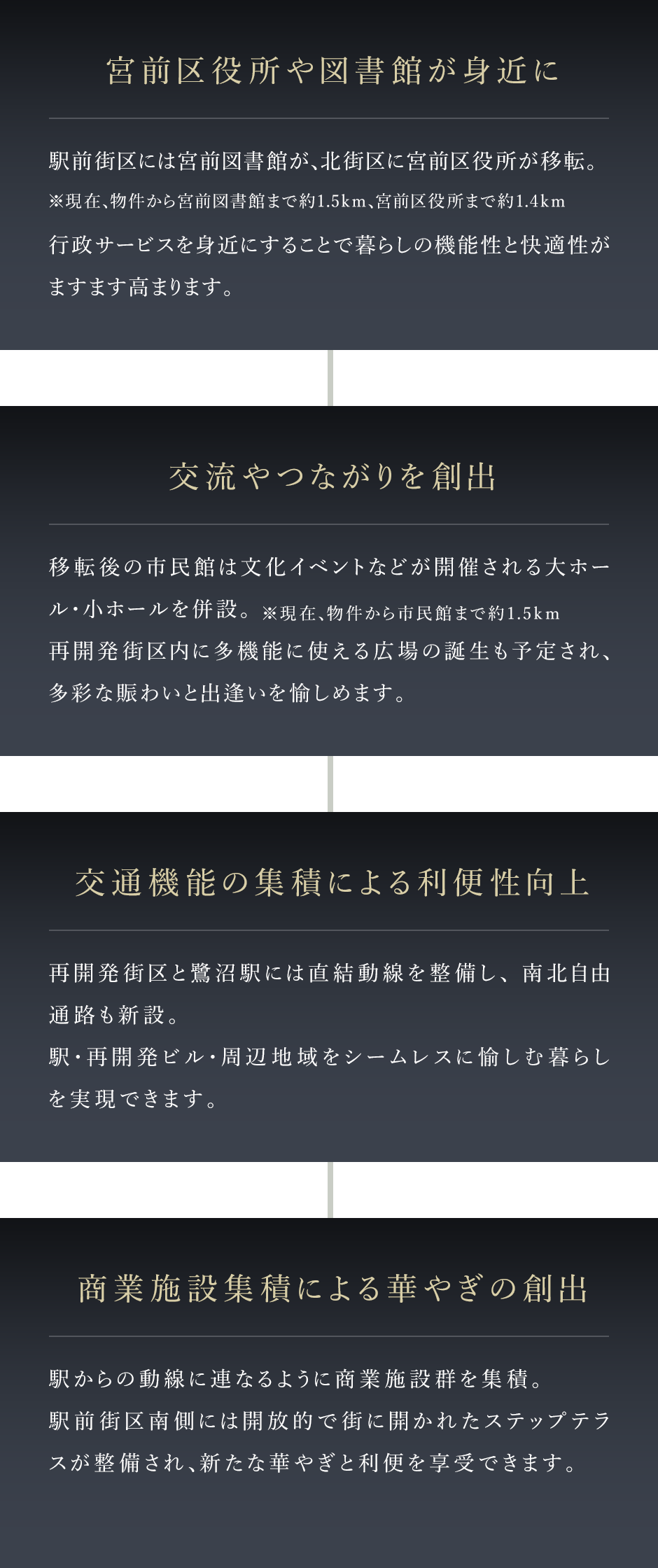 宮前区役所や図書館を集積、交流やつながりを創出、交通機能の集積による利便性向上、商業施設集積による華やぎの創出