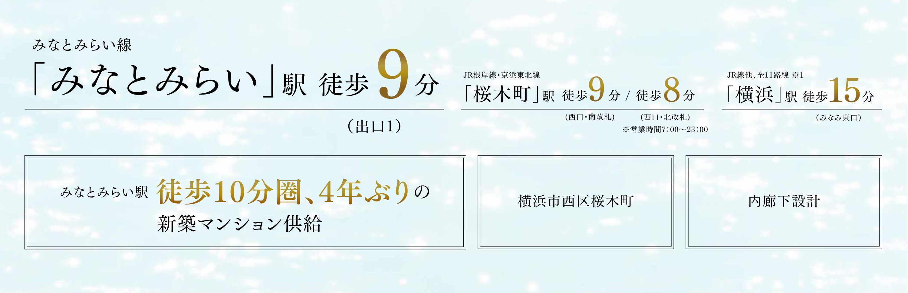 「桜木町」駅徒歩9分／徒歩8分 「みなとみらい」駅(出口1)徒歩9分 「横浜」駅（みなみ東口）徒歩15分 みなとみらい駅徒歩10分圏、4年ぶりの新築マンション供給 横浜市西区桜木町 内廊下設計